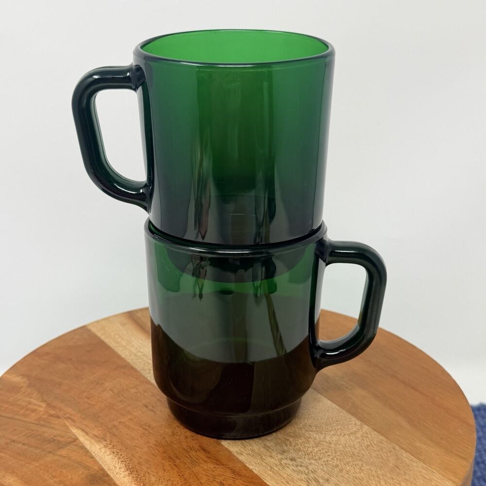 Emerald Forest Green Glass Coffee Mug Stackable Arcoroc Cup France Set Of 2